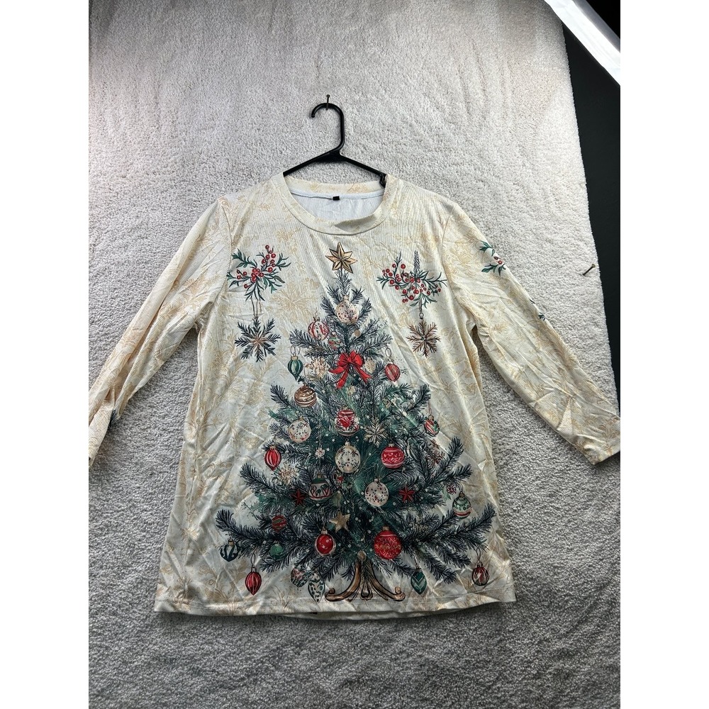 Women's Medium Christmas Tree Print Holiday Top Long Sleeve